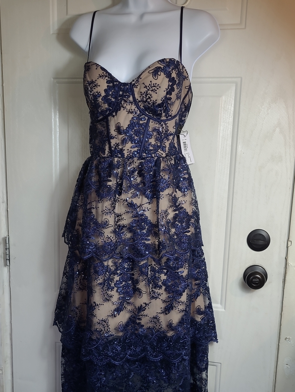 Navy Lace Strapless Embroidered Layered Dress